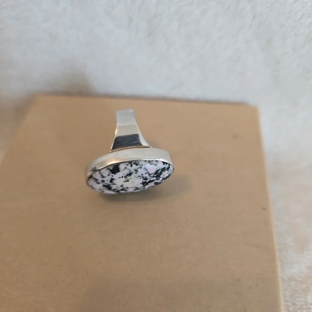 Oval Pink And Black Speckled Ring Sterling Silver Earthy Boho-chic